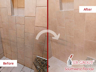 Picture of a Shower Before and After a Grout Cleaning in Fort Myers, FL
