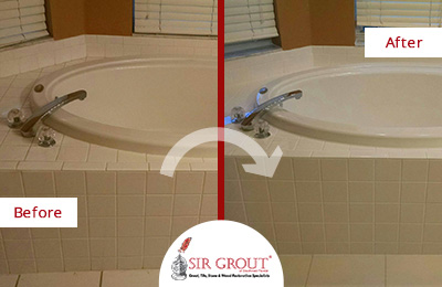Picture of a Tiled Tub Before and After a Grout Sealing in Fort Myers, Florida