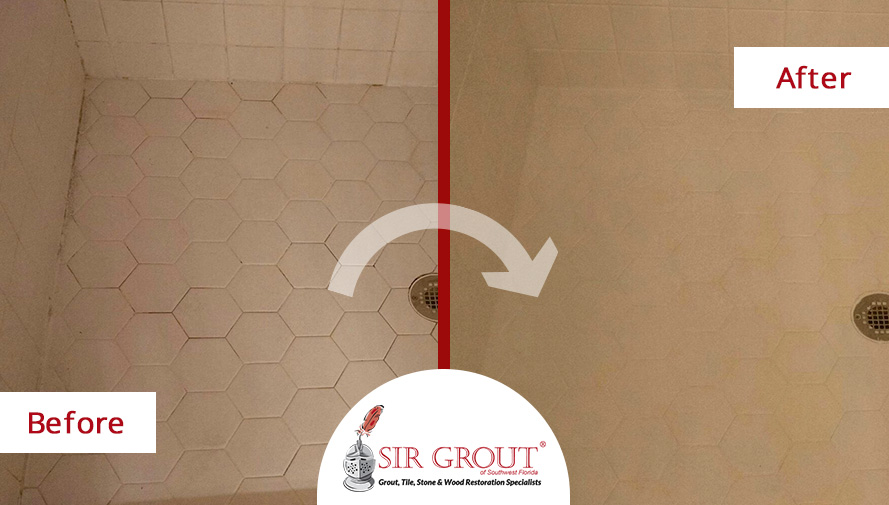 Before and After a Shower Grout Sealing in Fort Myers, Florida