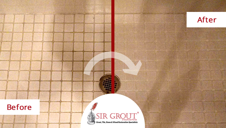 Before and After Picture of a Grout Cleaning in Naples, Florida