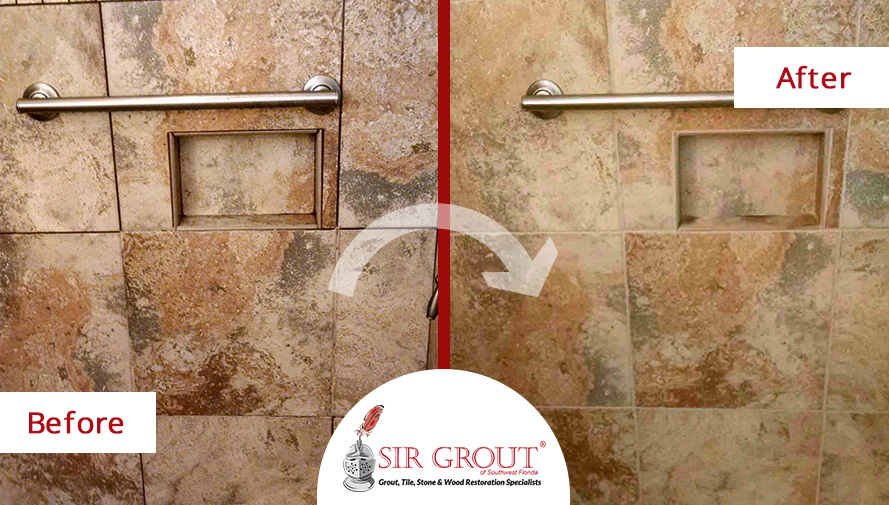 Before and After Picture of a Grout Sealing Service in a Fort Myers Bathroom