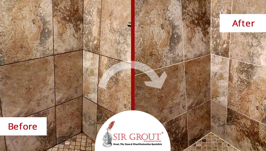  Before and After Picture of a Grout Sealing On a Travertine Bathroom in Fort Myers, FL