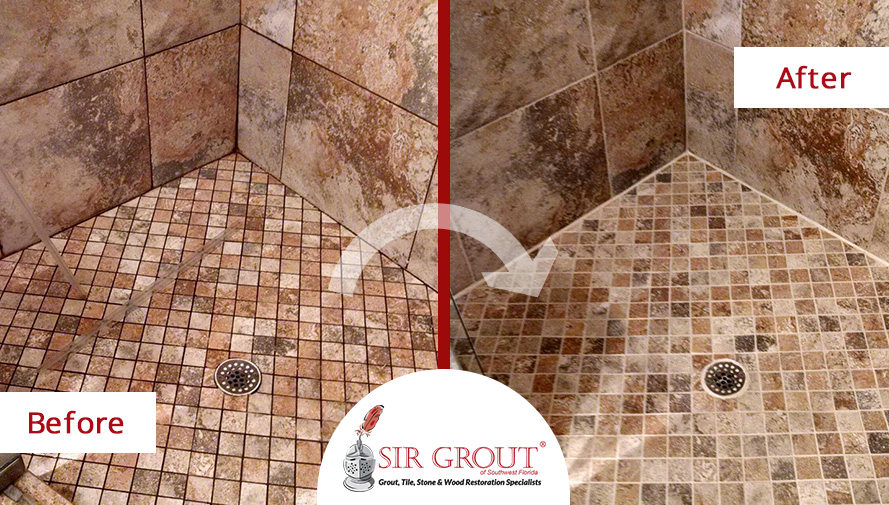 Before and After Picture of a Grout Sealing in Fort Myers