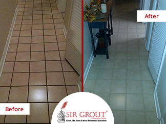 Before and After Picture of a Grout Recoloring Service in Cape Coral, Florida
