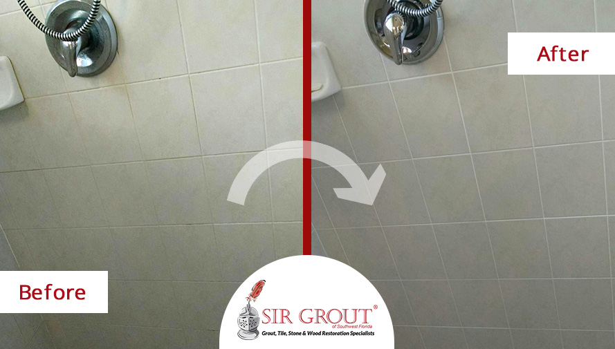 Before and After Picture of a Grout Recoloring in Bonita Springs, FL