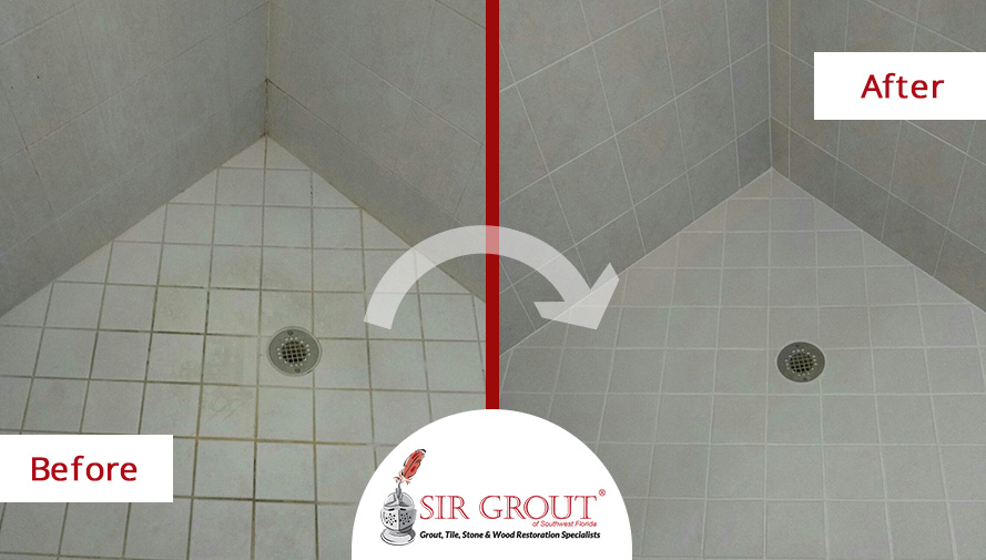 Before and After Picture of a Grout Recoloring Service in Bonita Springs, Florida