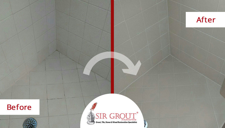 Before and After Picture of a Grout Sealing Service in Cape Coral, Florida