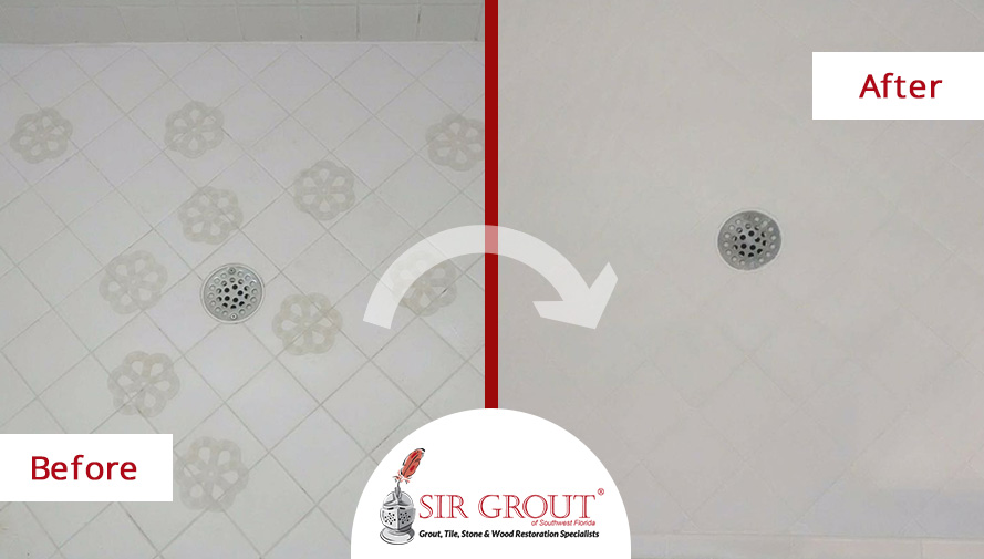 Before and After Picture of a Floor Grout Sealing in Naples, Florida