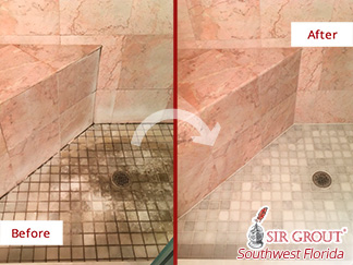 Before and after Picture of a Stone Cleaning Job in Sanibel, FL, That Eliminated the Dirt and Mold from This Marble Master Shower