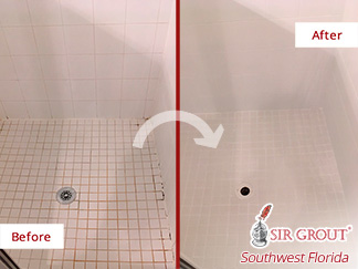 Before and after Picture of How This Moldy Shower Was Restored after a Grout Cleaning Job in Naples, FL