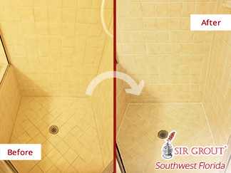 before and after Picture of This Bathroom after a Grout Sealing Service in Naples, Florida