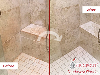 Before and after Picture of This Bathroom in Fort Myers, Florida after a Grout Cleaning Service