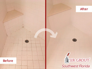 Before and after Picture of This Grout Cleaning Job in Fort Myers, FL, Restoring This Shower 