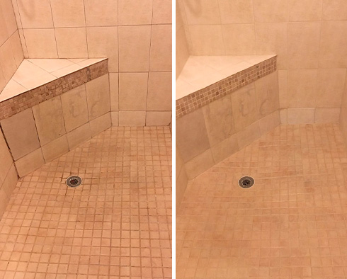 Before and after Picture of This Shower's Grout Cleaning Job Done in Fort Myers, Florida