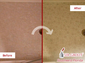 Before and after Picture of A Grout Recoloring Job Done to This Shower Leaving It Looking Renewed in Fort Myers, Florida