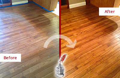 Sir Grout Refinished This Dull Gateway Wood Floor with a Sandless Refinishing Service to Recover Its Sheen Before and After Picture of a Gateway Wood Sandless Refinishing Service on a Dull Floor to Recover Its Sheen