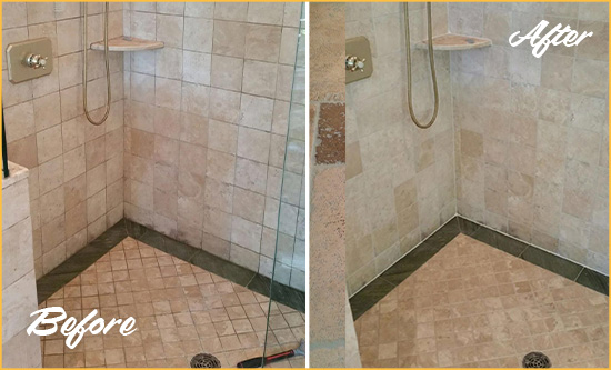 Before and After Picture of Moldy Travertine Shower Honed and Polished to Remove Mold