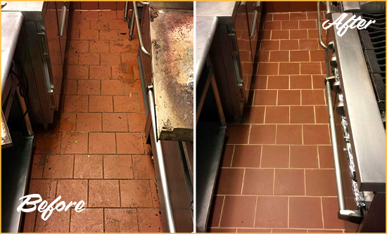 Before and After Picture of a Saint James City Restaurant Kitchen Tile and Grout Cleaned to Eliminate Dirt and Grease Build-Up