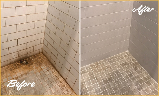 Before and After Picture of a Bokeelia Shower Tile and Grout Cleaned to Eliminate Mold and Stains