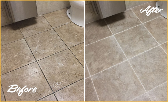 Before and After Picture of a Naples Restroom Tile and Grout Cleaned to Remove Soil