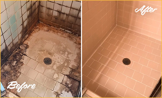 Before and After Picture of a Golden Gate Shower Tile and Grout Cleaned to Repair Water Damage