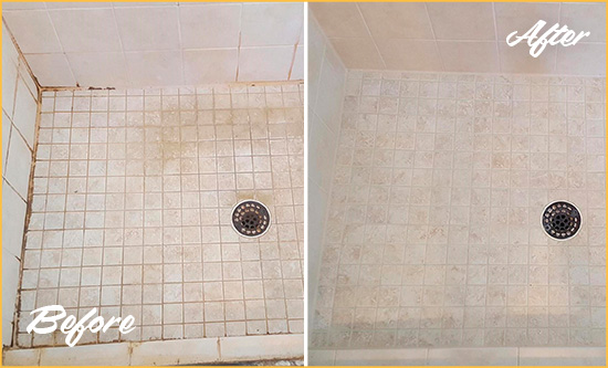 Before and After Picture of a Murdock Shower Caulked to Fix Cracks