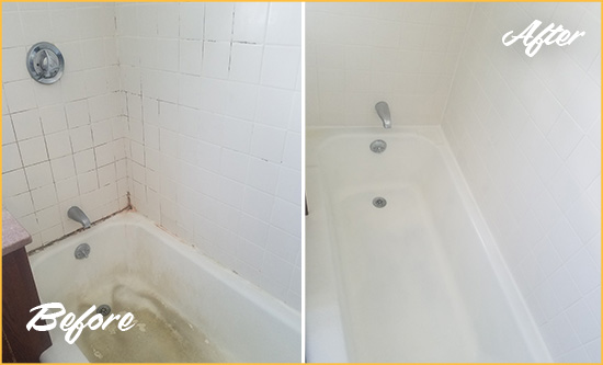 Before and After Picture of a Three Oaks Bathtub Caulked to Repair Cracks