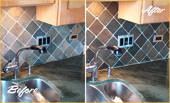 Before and After Picture of a Three Oaks Backsplash Caulked to Fix and Prevent Water Leaks