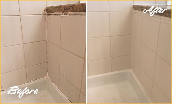 Before and After Picture of a Copeland Shower Caulked to Repair Damaged Caulking