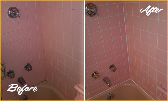 Before and After Picture of a Goodland Bathtub Caulked to Eliminate Mold