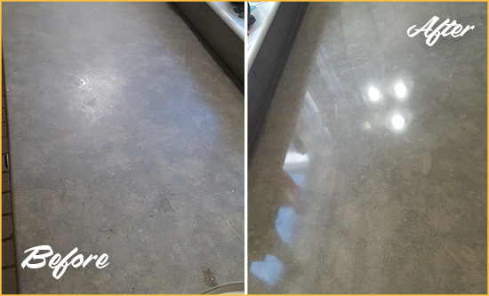 Before and After Picture of a Dull Fort Myers Limestone Countertop Polished to Recover Its Color