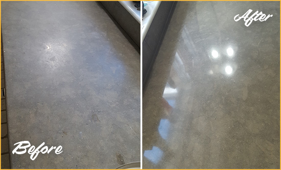 Before and After Picture of a Dull Pelican Bay Limestone Countertop Polished to Recover Its Color