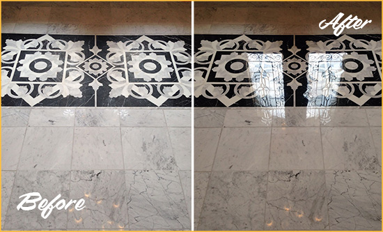 Before and After Picture of a Harbour Heights Marble Stone Floor Polished to a Mirror Shine