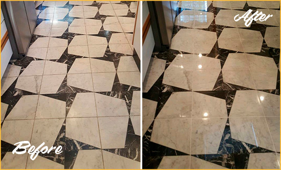 Before and After Picture of a Dull Punta Gorda Marble Stone Floor Polished To Recover Its Luster