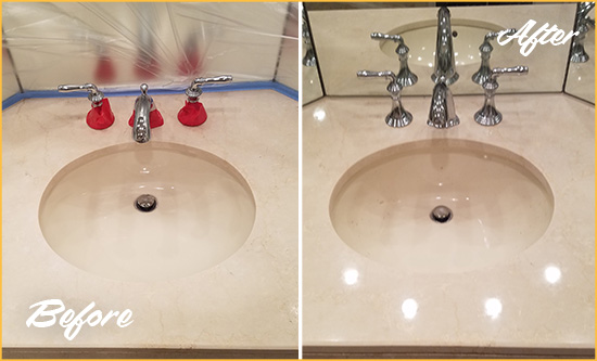 Before and After Picture of a Dull Pine Ridge Marble Stone Vanity Top Polished to Bring-Back Its Sheen