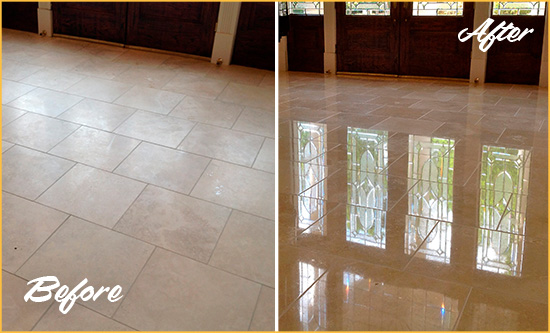 Before and After Picture of a Dull Matlacha Travertine Stone Floor Polished to Recover Its Gloss