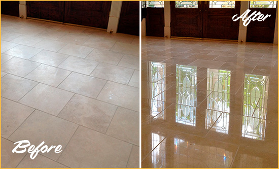 Before and After Picture of a Dull Punta Rassa Travertine Stone Floor Polished to Recover Its Gloss