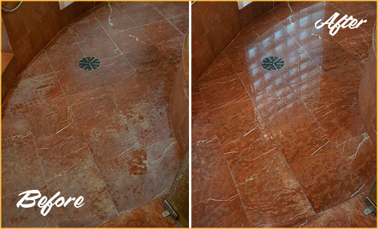 Before and After Picture of a Rotonda Marble Stone Shower Polished to Eliminate Mineral Deposits