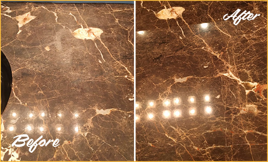 Before and After Picture of a Punta Rassa Marble Stone Countertop Polished to Eliminate Stains