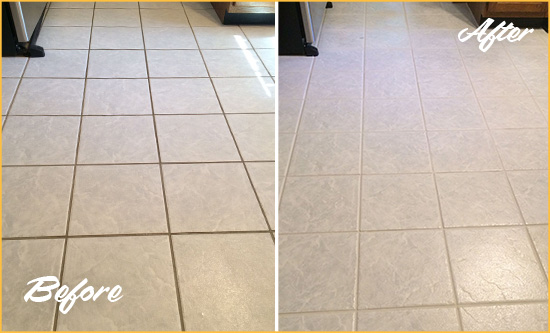 Before and After Picture of a Fort Myers Kitchen Ceramic Floor Sealed to Protect From Dirt and Spills