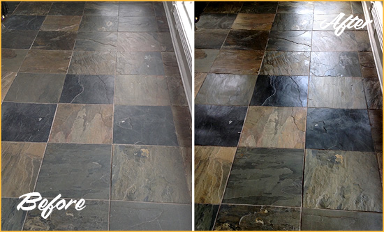 Before and After Picture of a Dull Captiva Slate Floor Sealed to Bring Back Its Colors