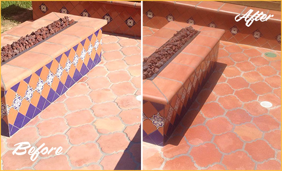 Before and After Picture of a Dull Manasota Key Terracotta Patio Floor Sealed For UV Protection