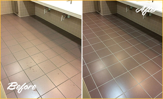 Before and After Picture of a Pine Island Center Restroom Sealed to Help Protect Against Scratches