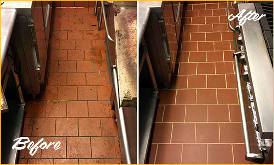 Before and After Picture of a Pine Island Center Restaurant Kitchen Floor Sealed to Remove Soil