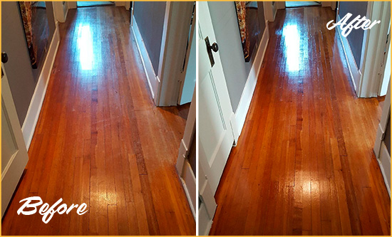 Before and After Picture of a Orangetree Wood Deep Cleaning Service on a Floor to Eliminate Scratches