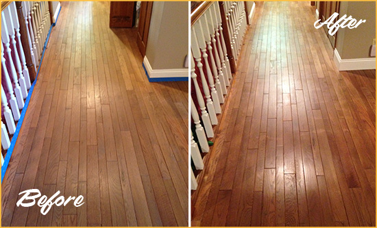 Before and After Picture of a Pine Island Center Wood Deep Cleaning Service on a Worn Out Floor