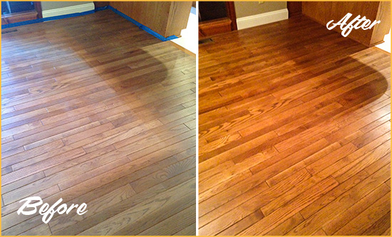 Before and After Picture of a Pine Island Center Wood Sand Free Refinishing Service on a Dull Floor to Recover Its Sheen