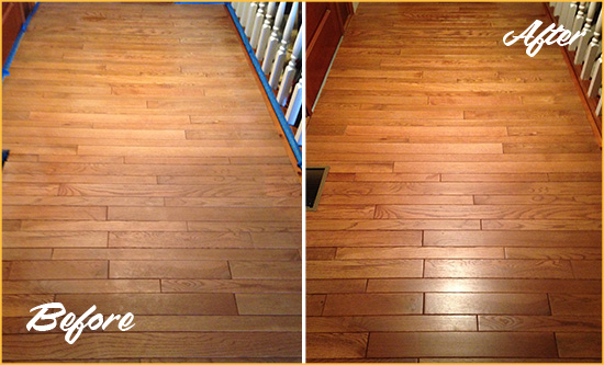 Before and After Picture of a Pine Island Center Wood Sand Free Refinishing Service on a Dull Hallway
