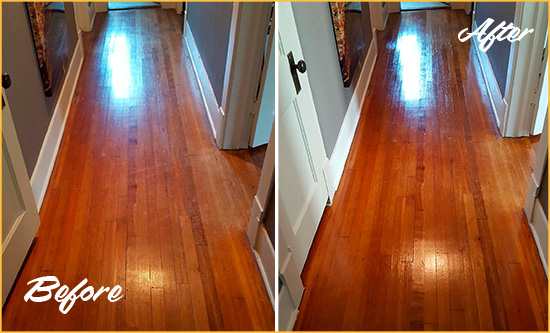 Before and After Picture of a Pine Island Center Wood Sand Free Refinishing Service on a Floor to Eliminate Scratches