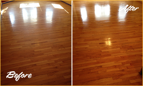 Before and After Picture of a Pine Island Center Wood Sand Free Refinishing Service on a Room Floor to Remove Scratches